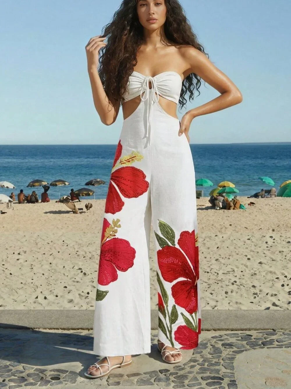 Boho Women's Floral  Tie Front Hollow Outw waist Bandeau Wide Leg Jumpsuit